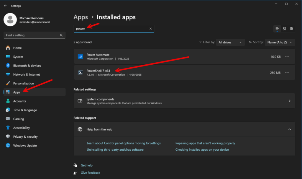Confirming installation using Settings -> Apps
