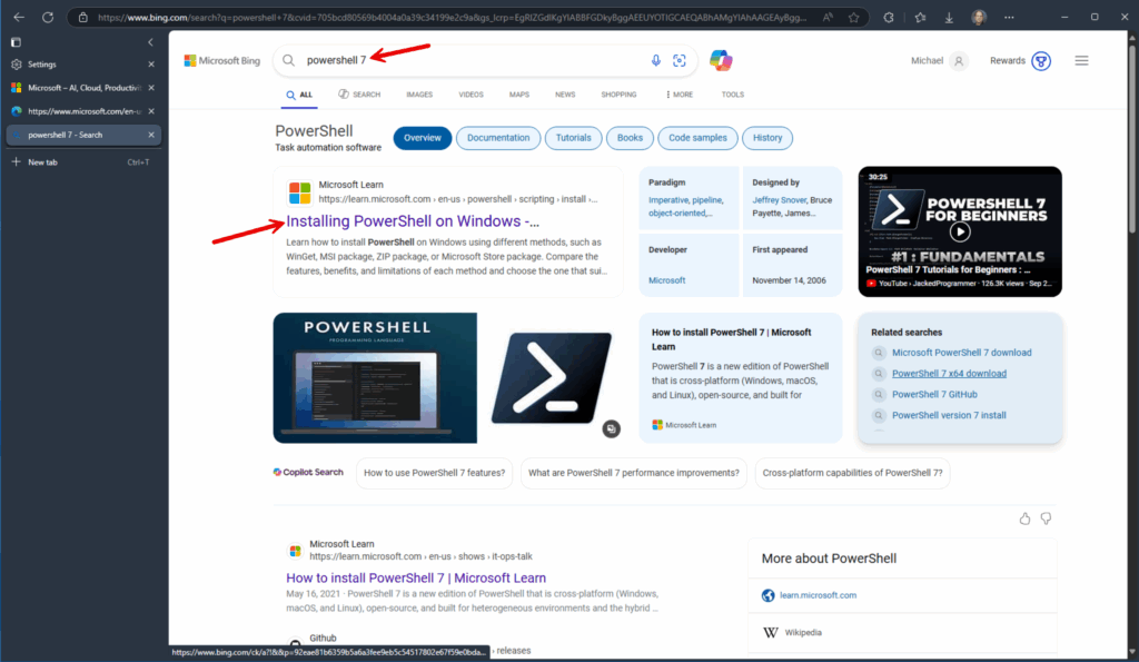 Using the Web - Edge- to download PowerShell 7