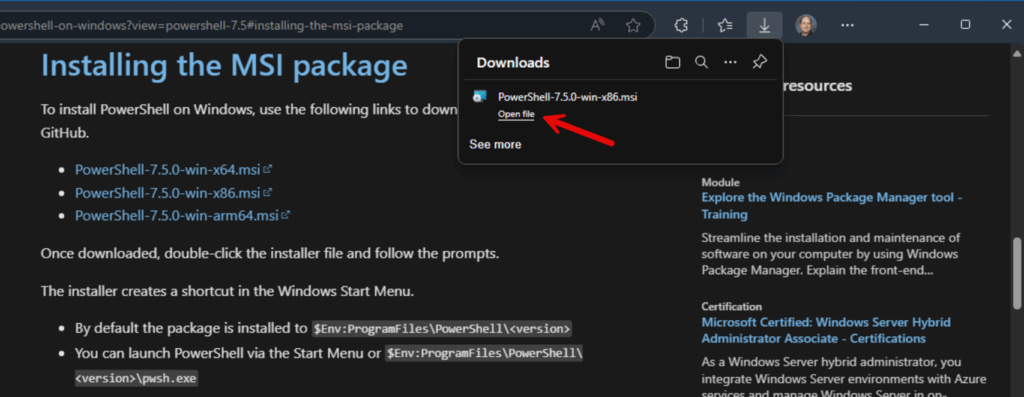 Downloading the MSI file