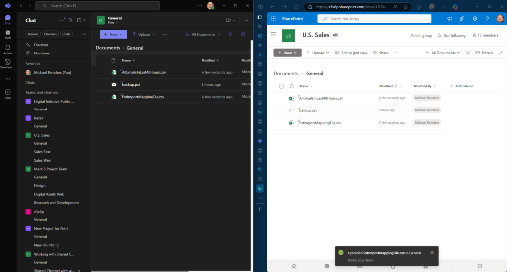 Both Teams and the SharePoint website showing the same files