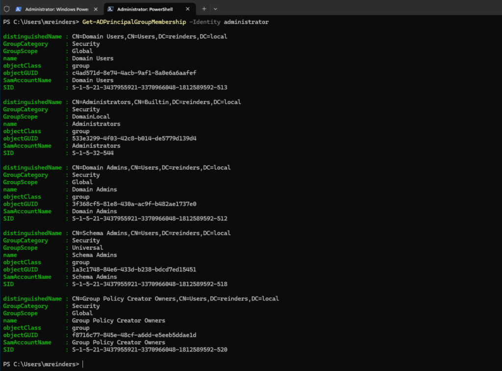 Getting the group memberships for the built-in administrator account