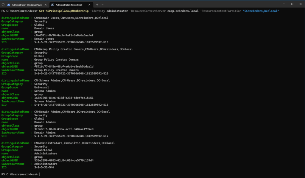 Using Get-ADPrincipalGroupMembership to get groups from a child/resource domain