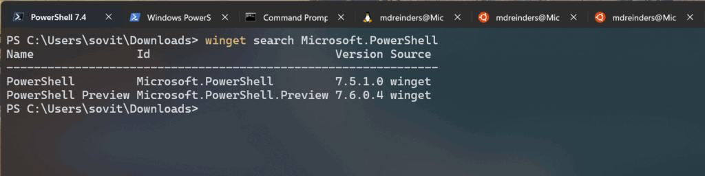 Searching for PowerShell using winget