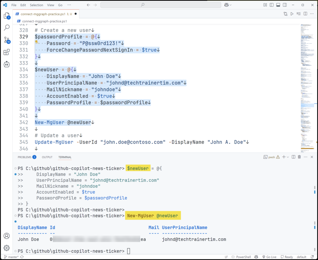 Visual Studio Code screenshot demonstrating PowerShell code and terminal output of successfully creating a new user with Microsoft Graph.