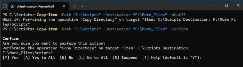 Using the '-Confirm' parameter to prompt before performing operations 