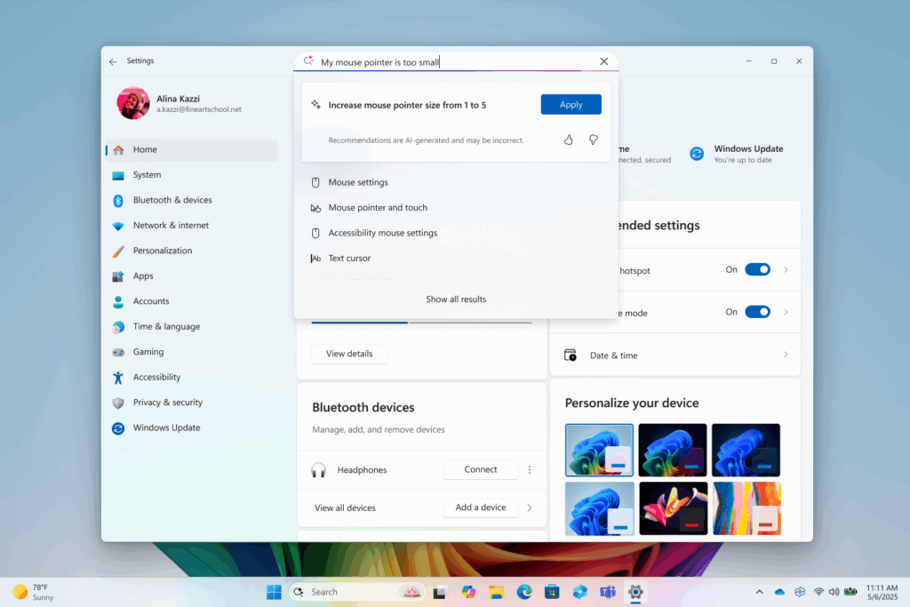 Settings Agent Copilot+ PCs