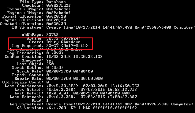 Result of ESEUTIL /MH cmdlet, displaying the database in “Dirty Shutdown” state