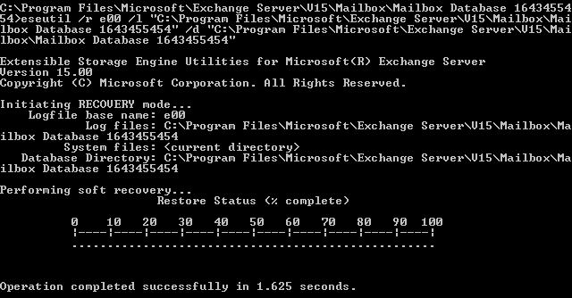 Screen displaying the soft recovery process using ESEUTIL /R cmdlet