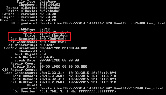 Result of ESEUTIL /MH cmdlet, displaying the database in “Clean Shutdown” state