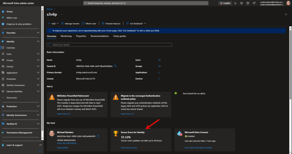 The Entra admin center Overview website with a tile for Microsoft Entra Identity Secure Score