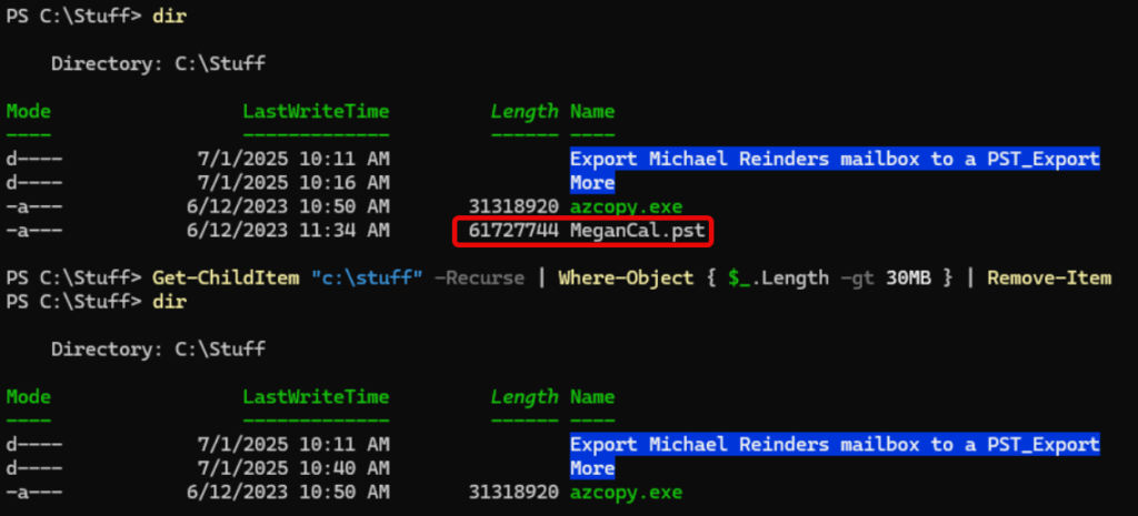 Utilizing more commands to remove only large files from a folder structure