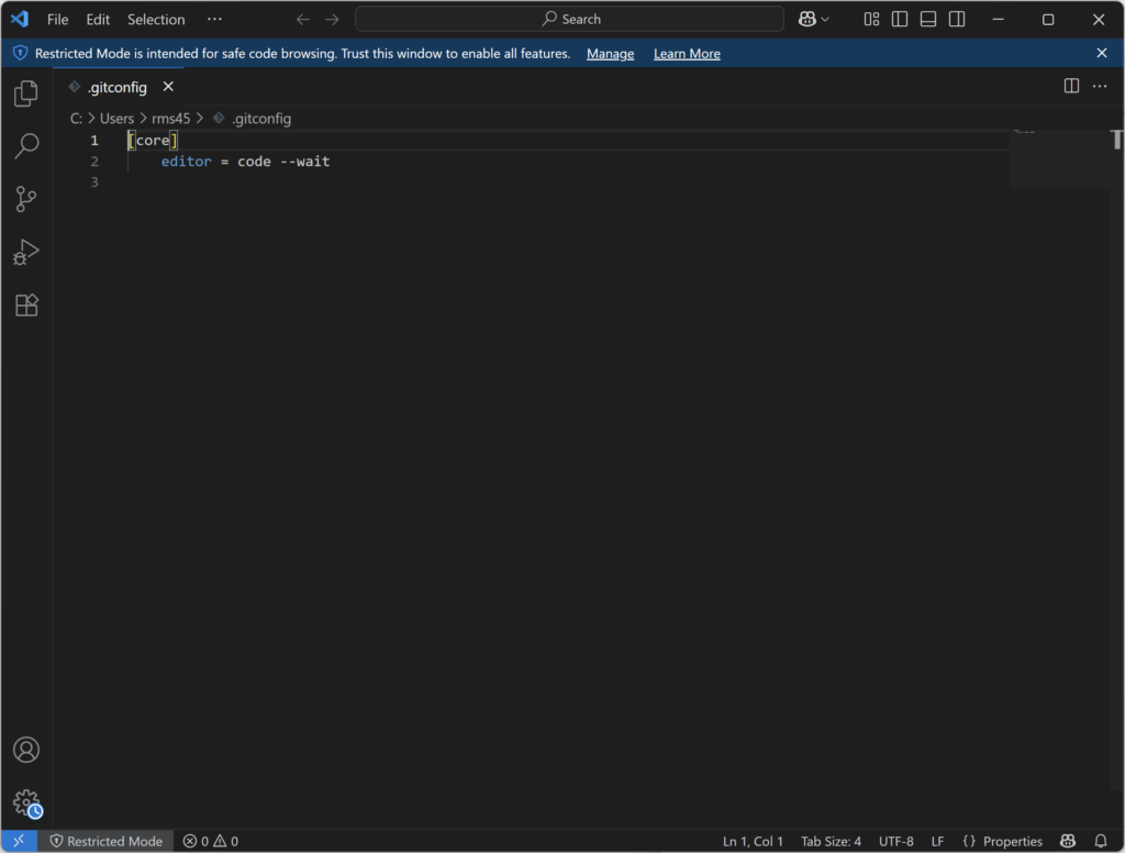 Open the Git config file in VS Code