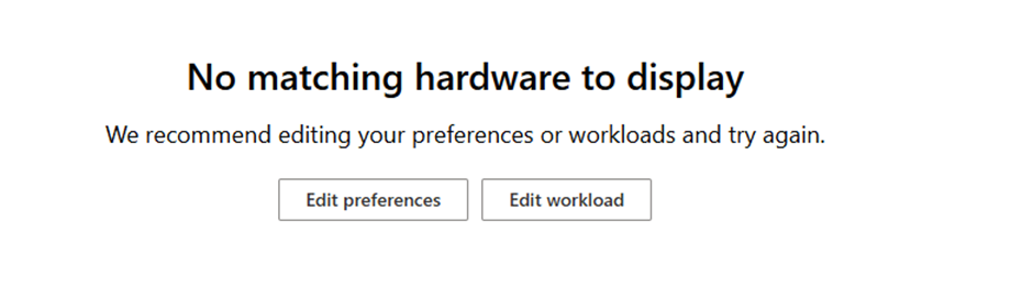 No matching hardware to display in Azure Local Sizing Tool