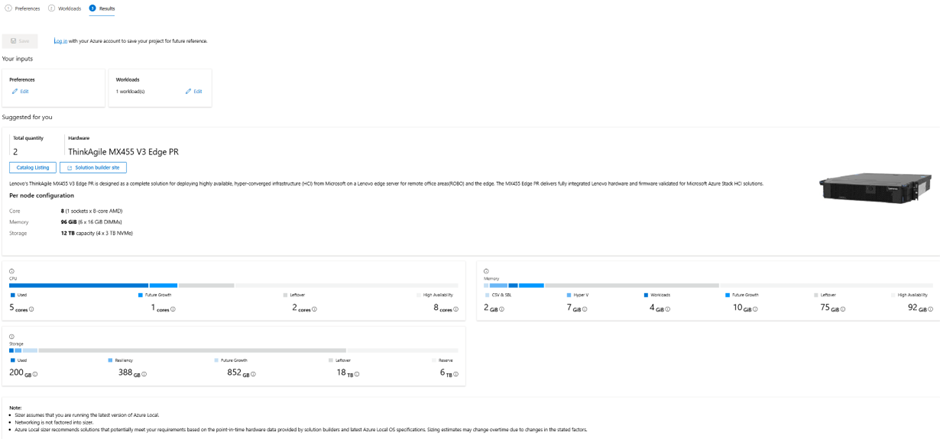Azure Local Sizing Tool results page