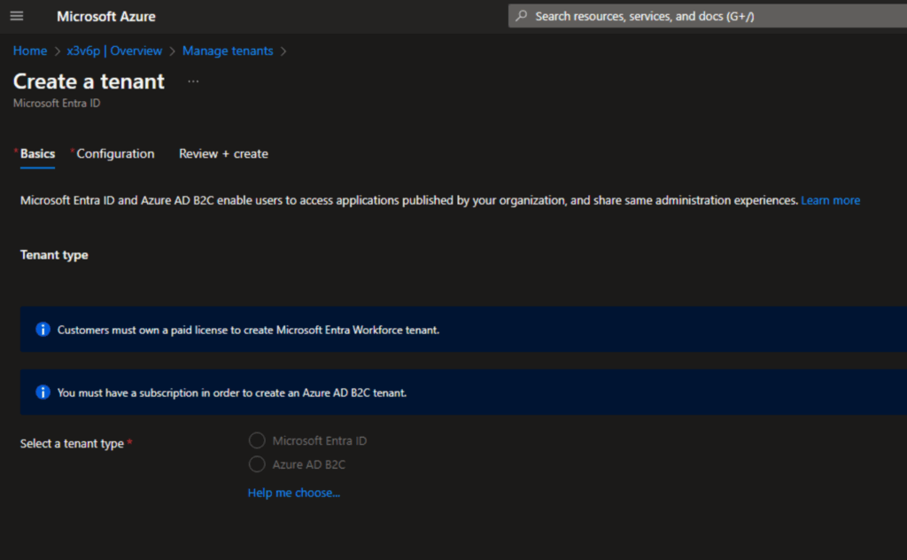 Starting to create an Entra ID tenant