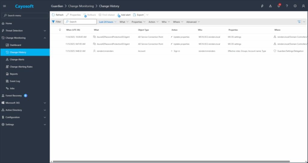 Change history dashboard