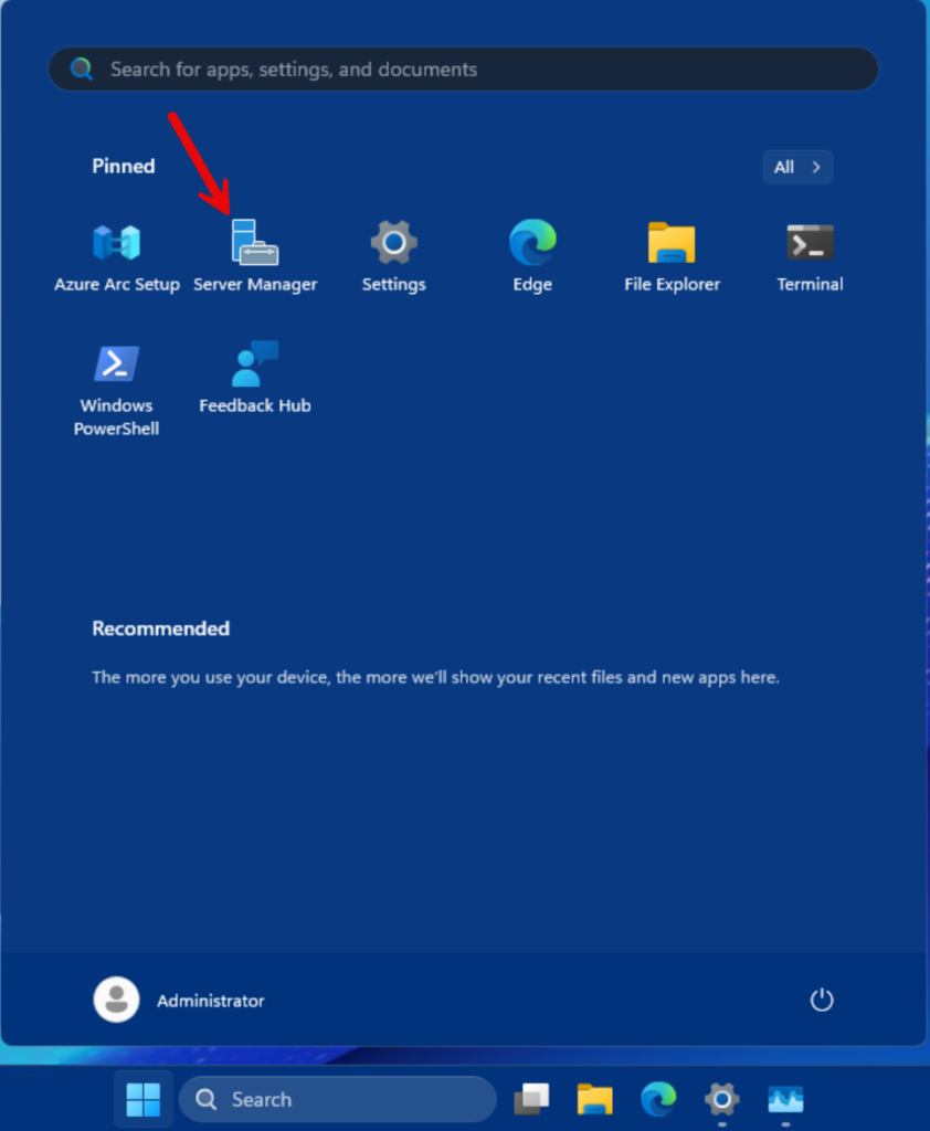 Launching Server Manager from the Start Menu