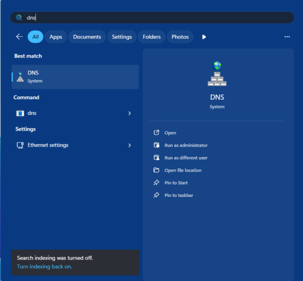 Finding DNS Server app in the Start Menu