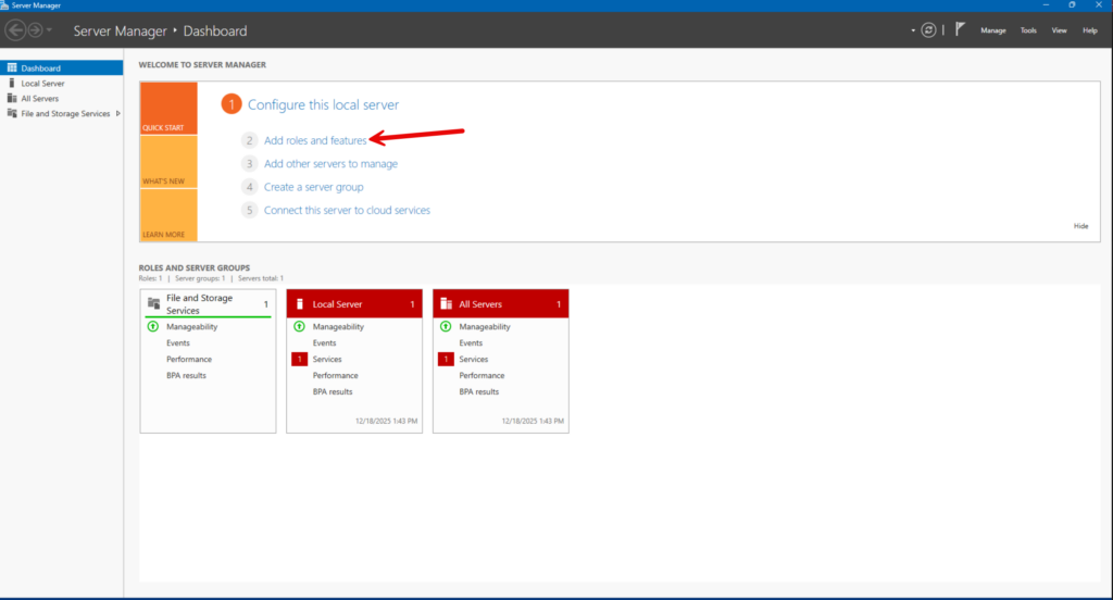 On our new server, we'll start in Server Manager