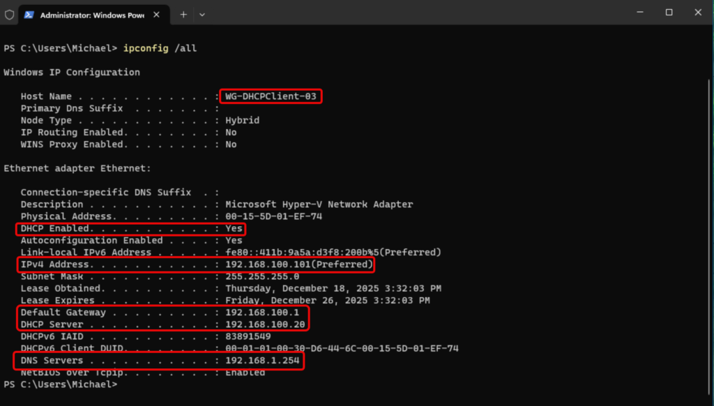 ipconfig /all - shows the client IP Address config is perfect