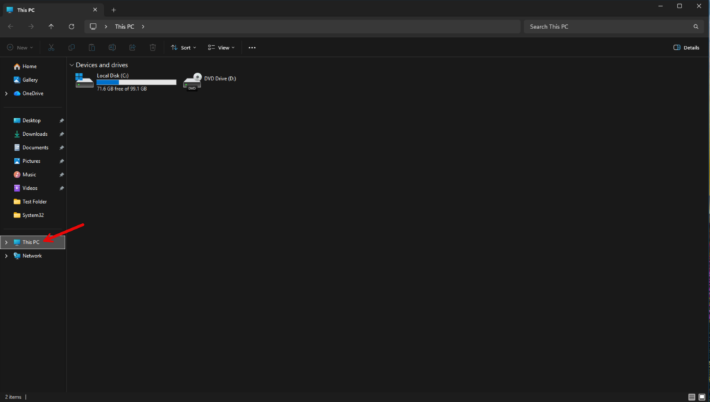 Selecting This PC in File Explorer