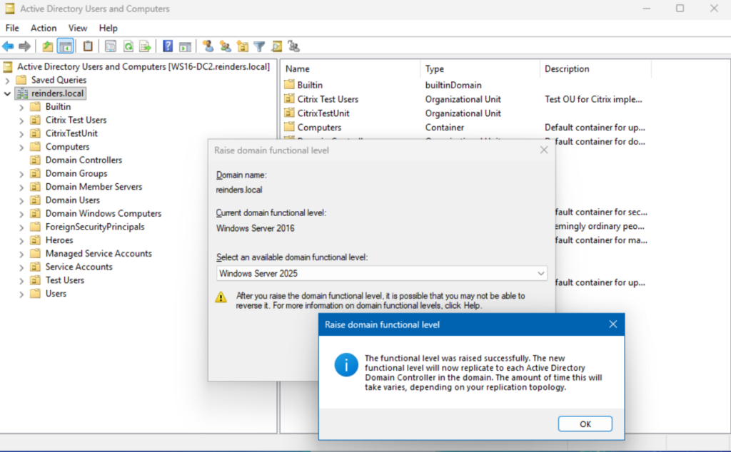 Raising the domain functional level to Windows Server 2025