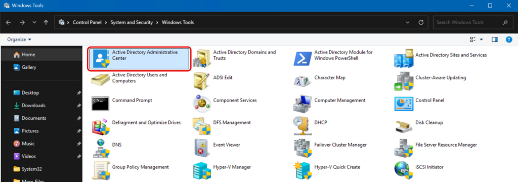 Selecting the Active Directory Administrative Center in Windows Tools