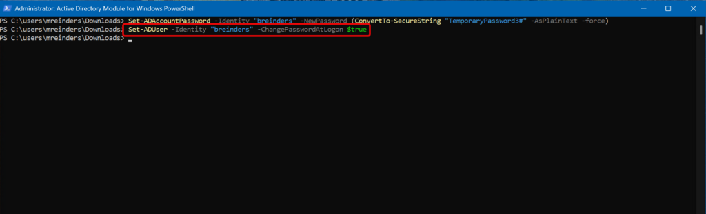 Setting the flag on a user account to change password on next logon