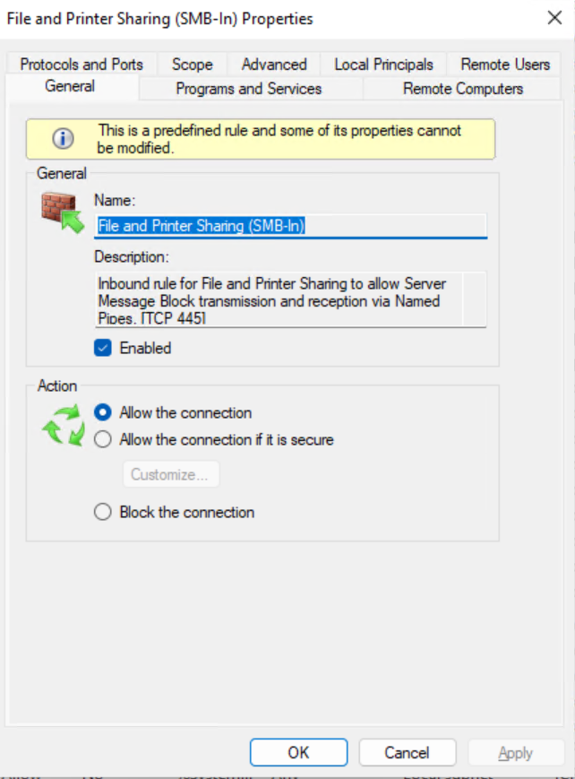 The Windows Firewall must be configured to allow inbound SMB traffic on TCP port 445.