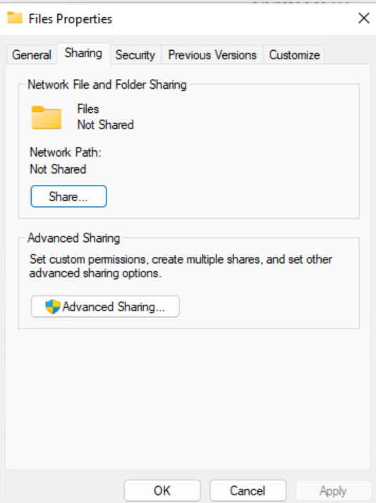 Windows file sharing: Click the Share button to share the folder
