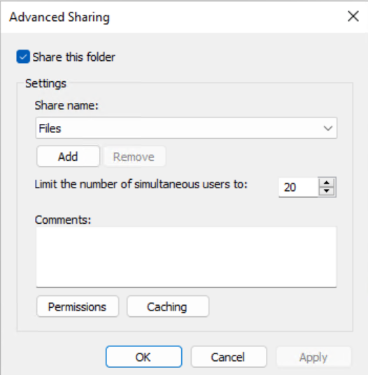 The Advanced Sharing screen gives you more fine-grained control over the Windows file sharing process.