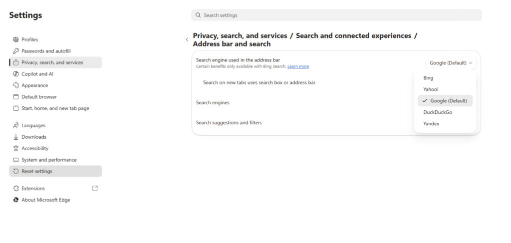 Change the default search engine in Microsoft Edge