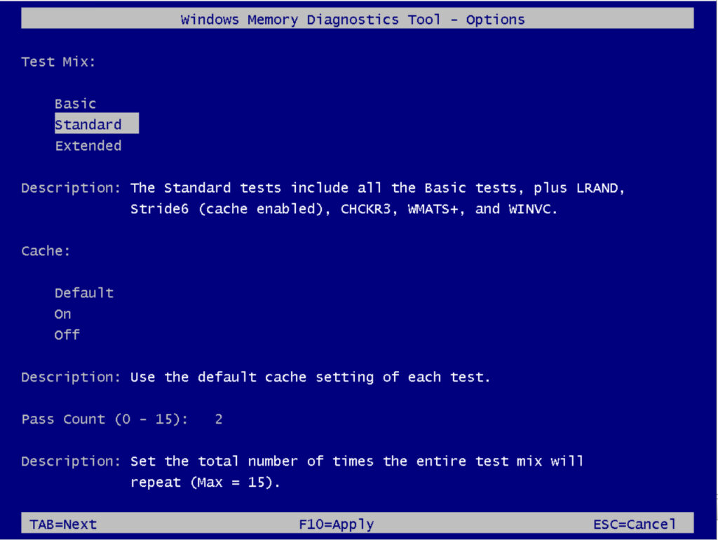 The Windows Memory Diagnostic Tool provides options for running a more comprehensive test 