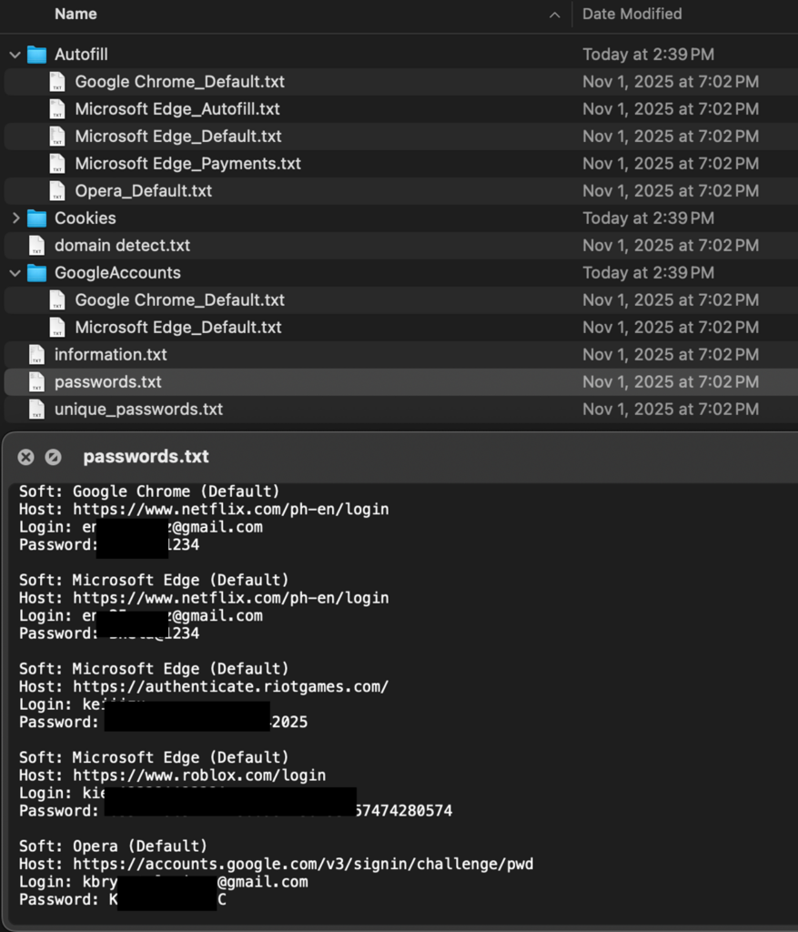 Figure 1: Example of infostealer data packaged into a “log” with harvested browser passwords, cookies, and account data