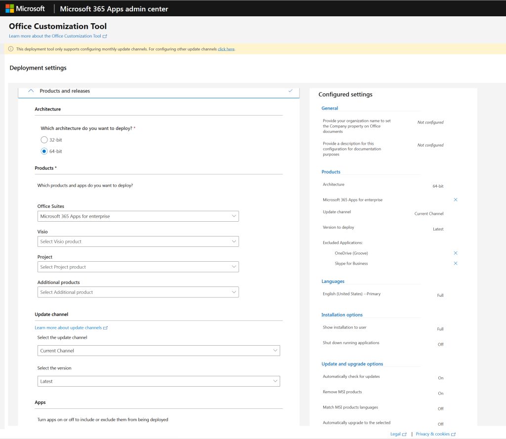 The Products and Releases section helps you choose what you want to install