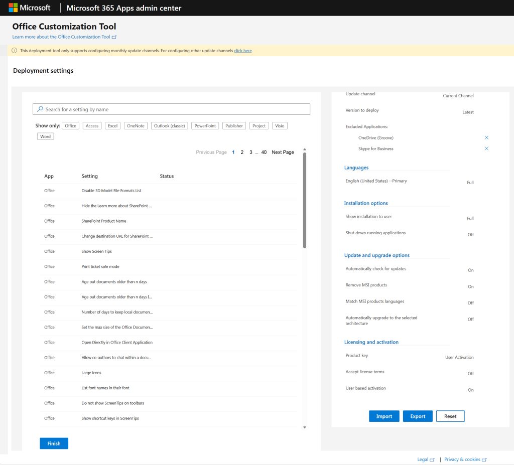 The Application Preferences section allows you to control individual settings within the Office applications