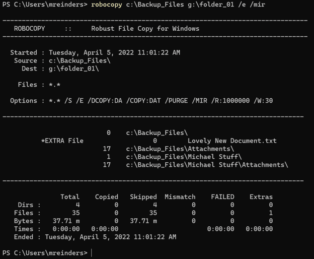 Using the Robocopy /MIR switch to sync two locations