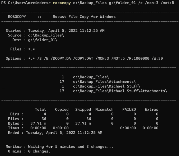 Using the Robocopy /MON and /MOT switches to watch for file changes
