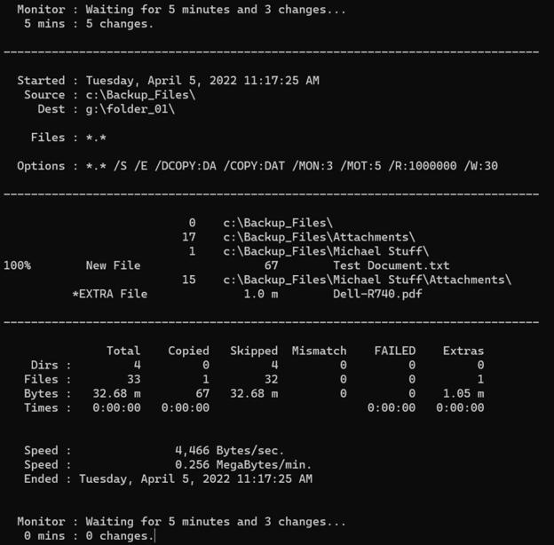 Robocopy automatically ran again after 5 minutes because at least 3 file changes were detected