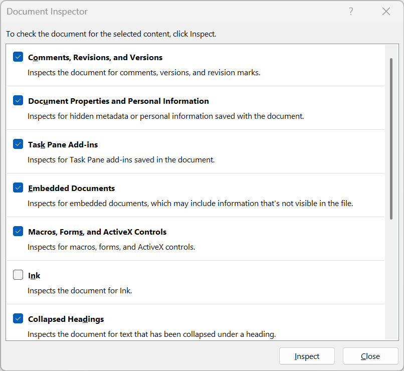 Removing Office metadata using the Document Inspector in Microsoft Word