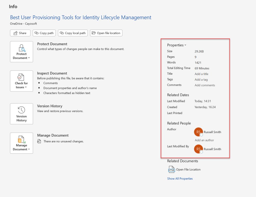Viewing Office metadata properties in Microsoft Word