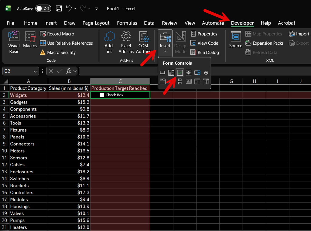 Using the Developer tab in Excel to insert a legacy Form Control checkbox 