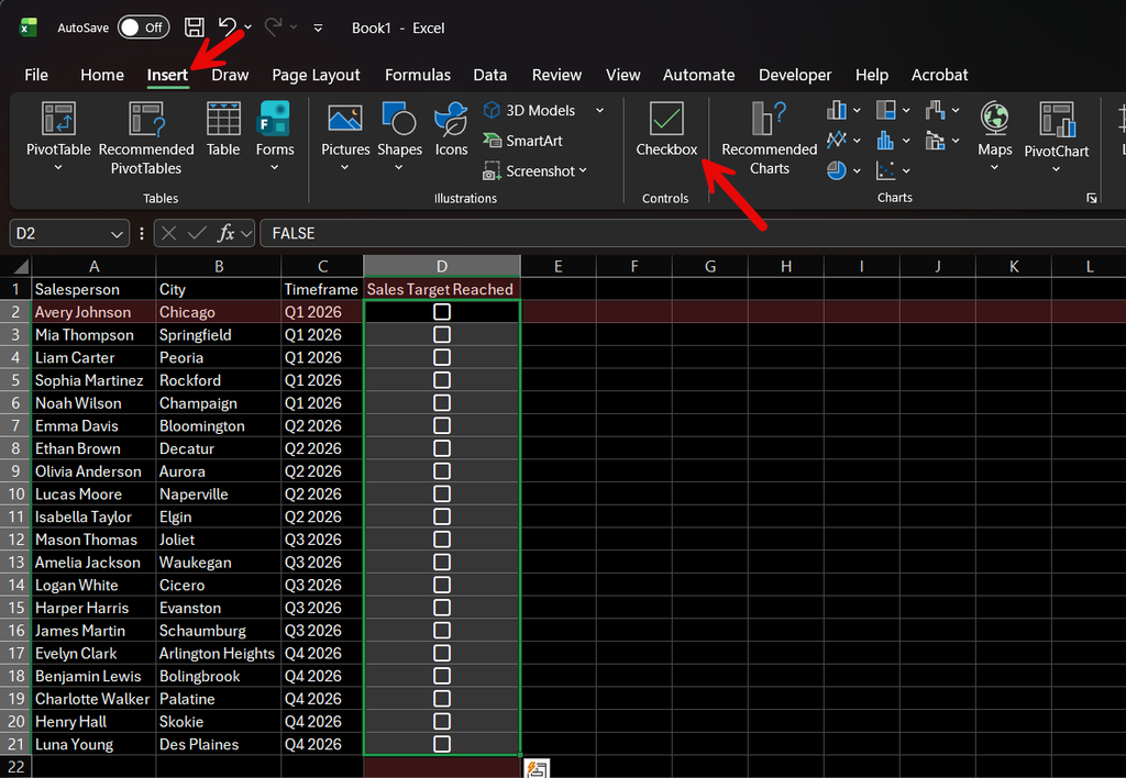 Adding checkboxes to Excel to facilitate targets for salespeople