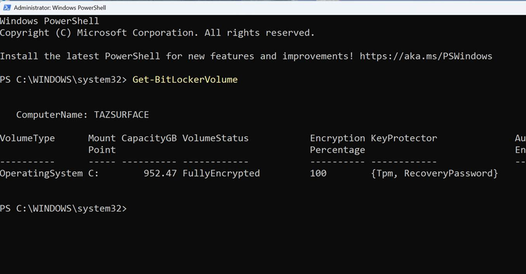 The Get-BitLockerVolume cmdlet is useful for monitoring BitLocker from PowerShell.