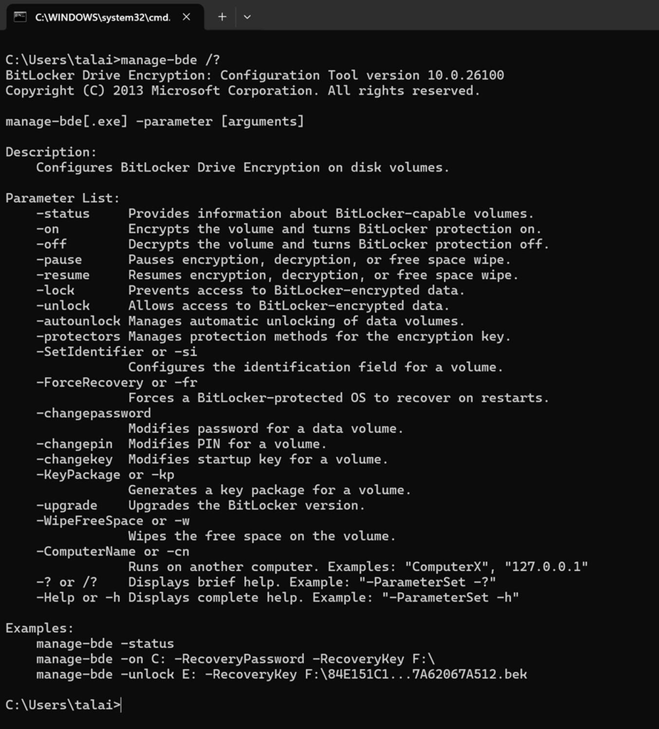 The Manage-bde command supports numerous command line switches.