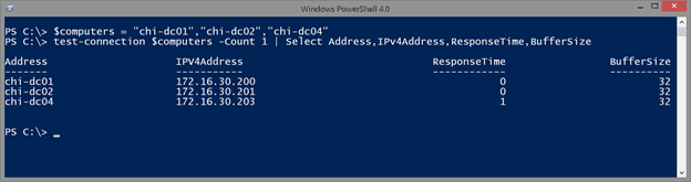Specifying multiple computer names with the Test-Connection cmdlet in Windows PowerShell. (Image Credit: Jeff Hicks)