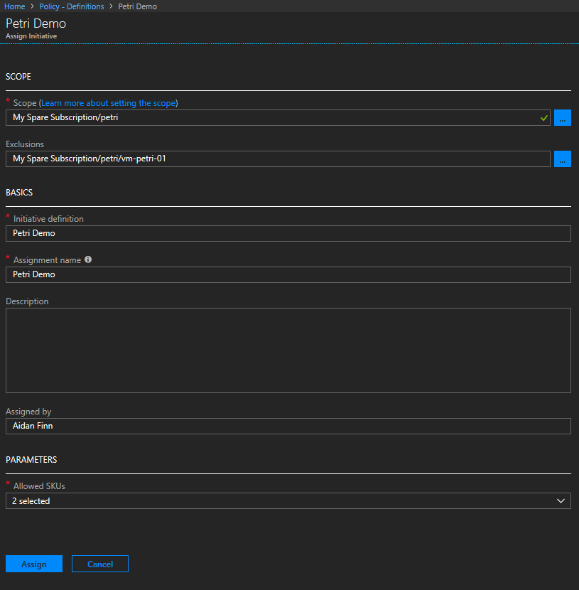 Assigning an Azure Policy initiative definition [Image Credit: Aidan Finn]