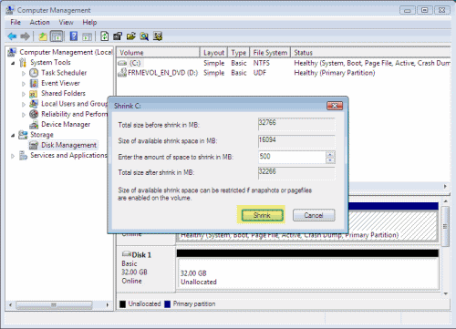 Shrink Partition in Vista 3