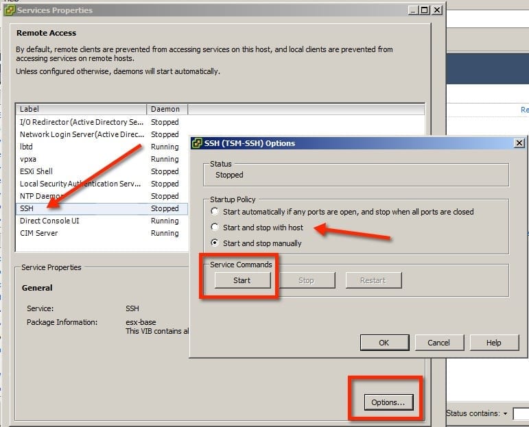 Enable SSH Warnings on ESXi Hosts service properties