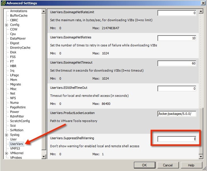 Enable SSH Warnings on ESXi Hosts Usersvars
